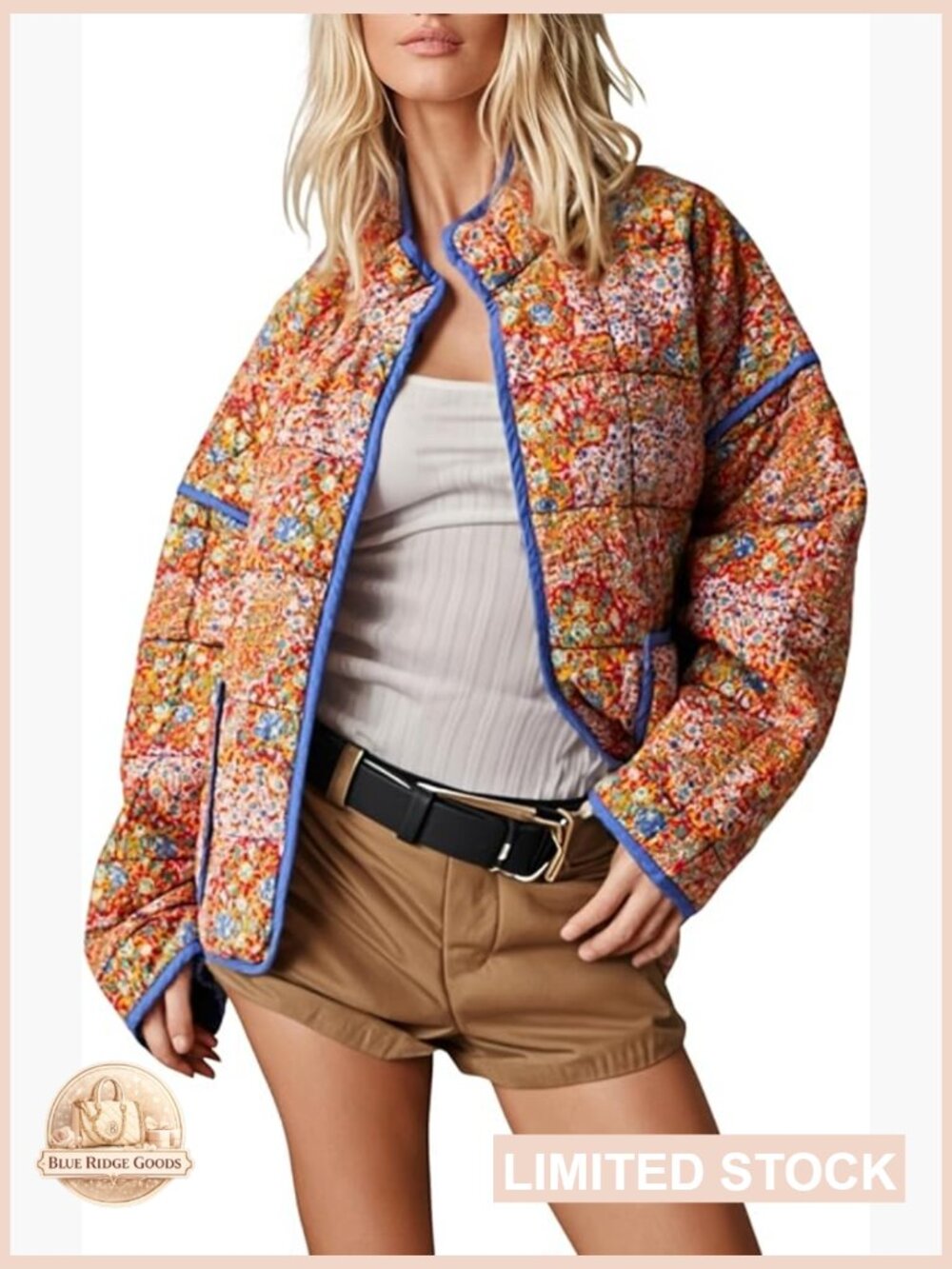 Cropped Quilted Puffer Jacket Floral Print Lightweight Cardigan Coat Oversized
